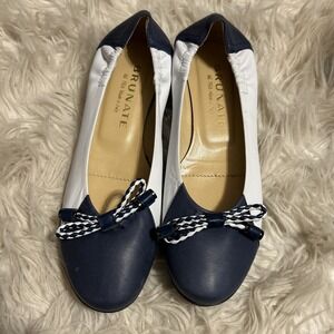 Brunate Two-tone Ballerina Leather Flats Ribbon Navy‎ Beige Women 38.5 US 7.5
